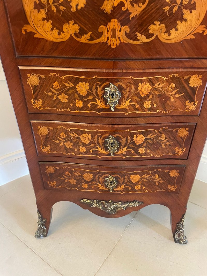 Antique Victorian French Quality Kingwood Marquetry Inlaid Marble Top Bombe Shaped Secretaire Chest - Image 15